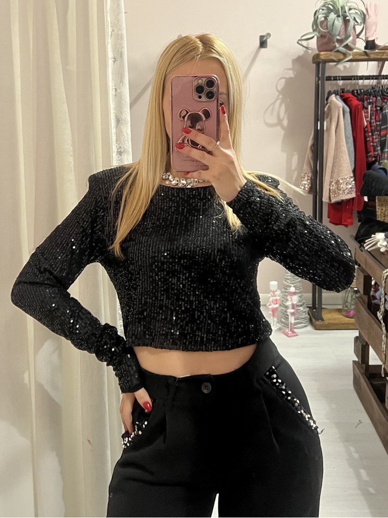 Maglia corta con paillettes NERA