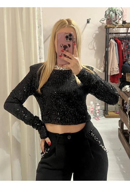 Maglia corta con paillettes NERA