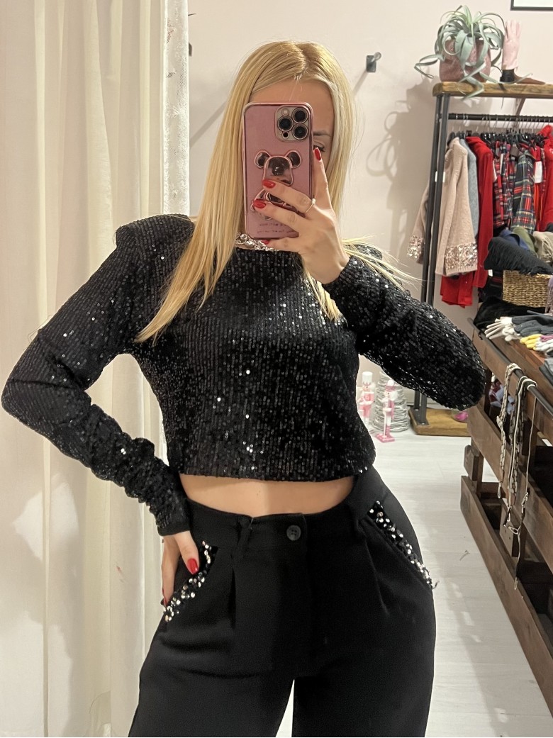 Maglia corta con paillettes NERA