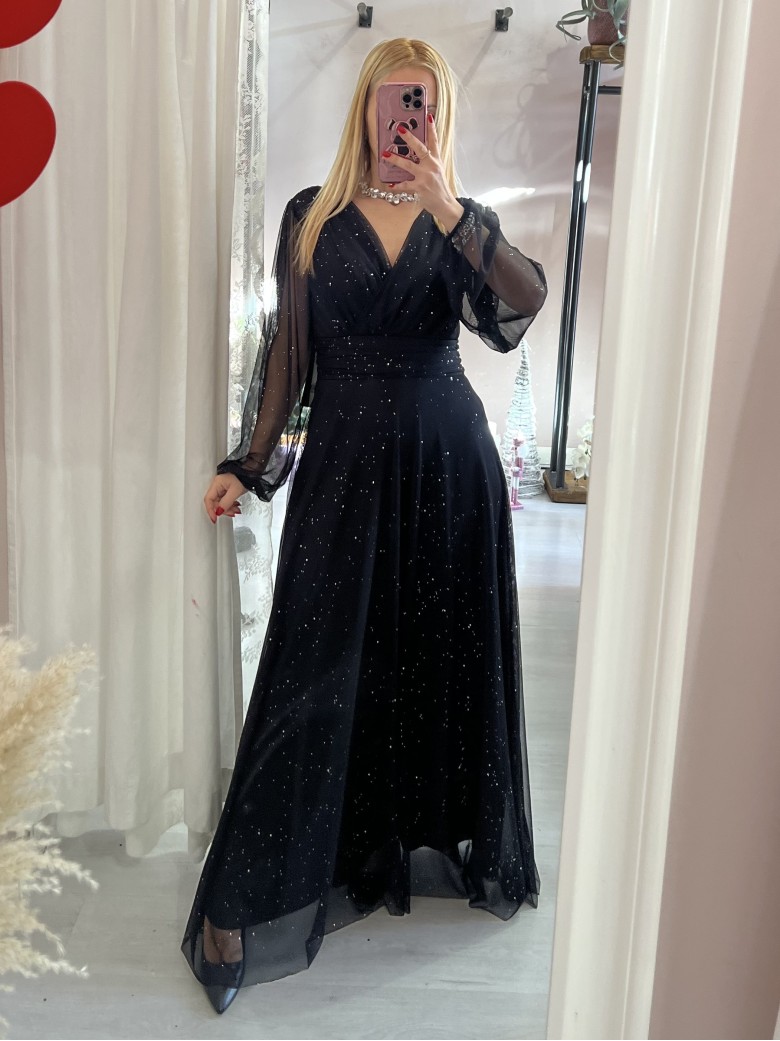 Vestito lungo in chiffon luccicante NERO