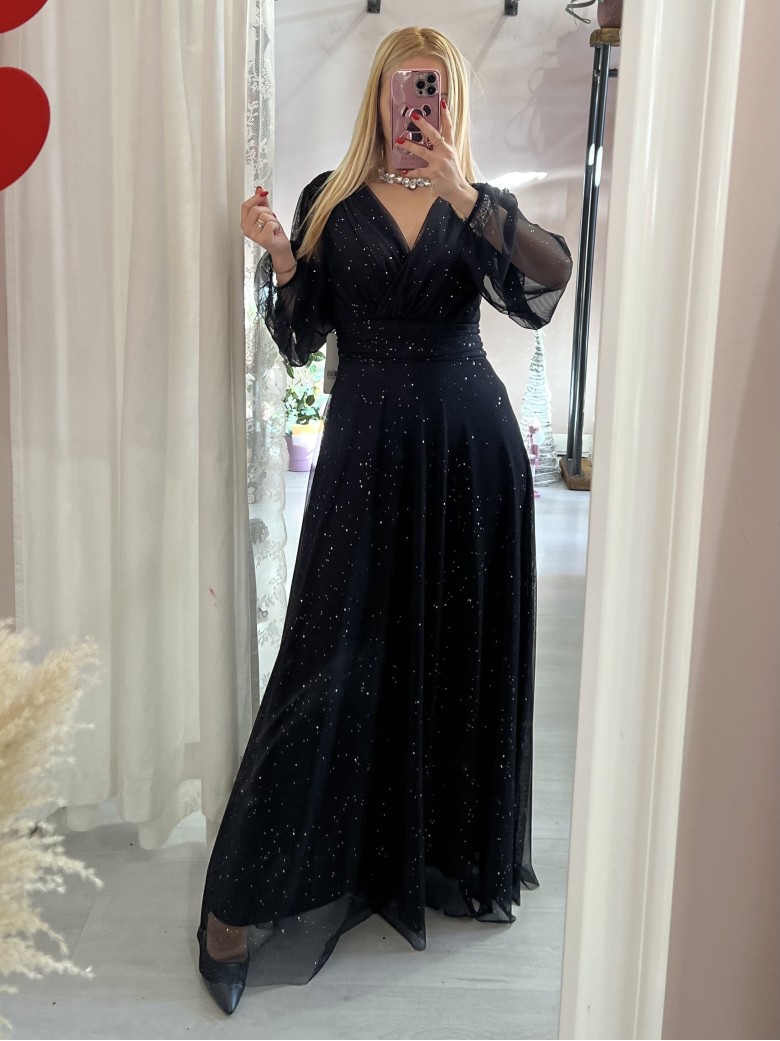 Vestito lungo in chiffon luccicante NERO