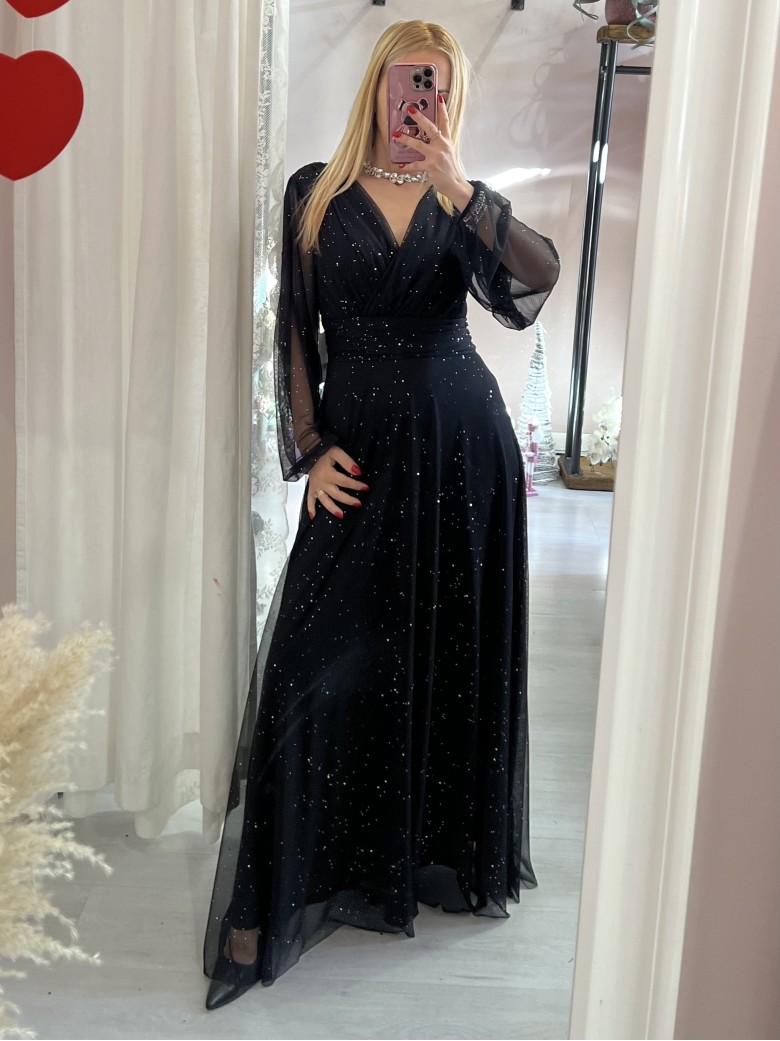 Vestito lungo in chiffon luccicante NERO