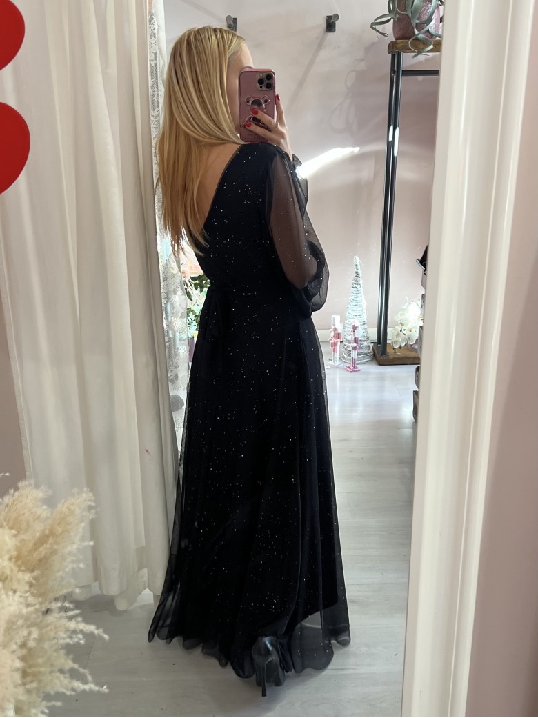 Vestito lungo in chiffon luccicante NERO