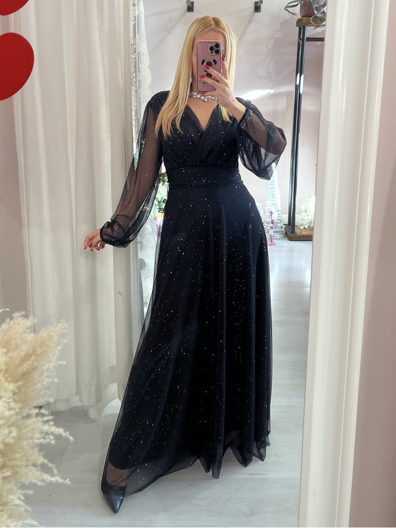 Vestito lungo in chiffon luccicante NERO