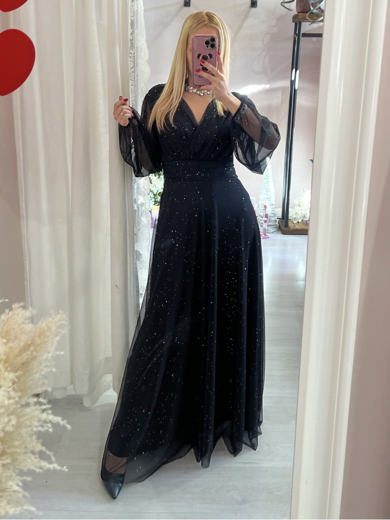 Vestito lungo in chiffon luccicante NERO