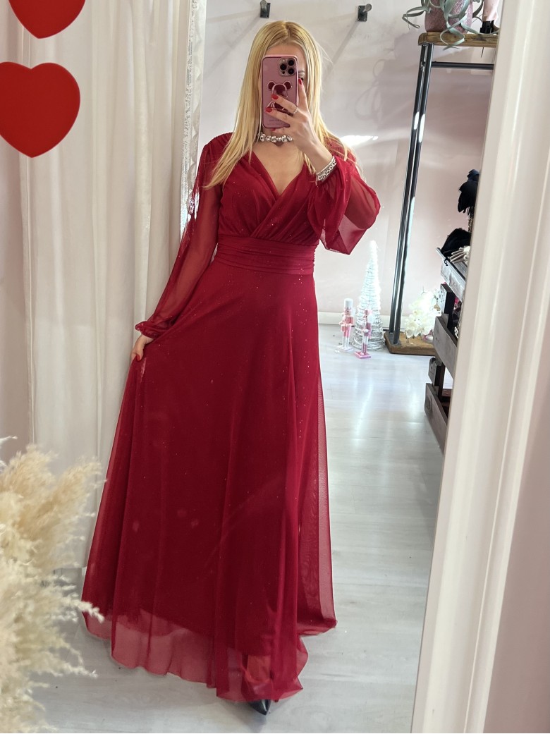 Vestito lungo in chiffon luccicante BORDEAUX