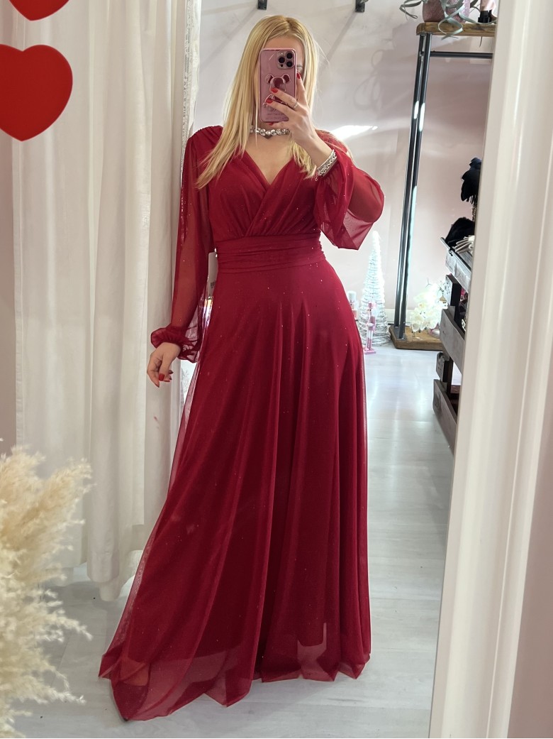 Vestito lungo in chiffon luccicante BORDEAUX