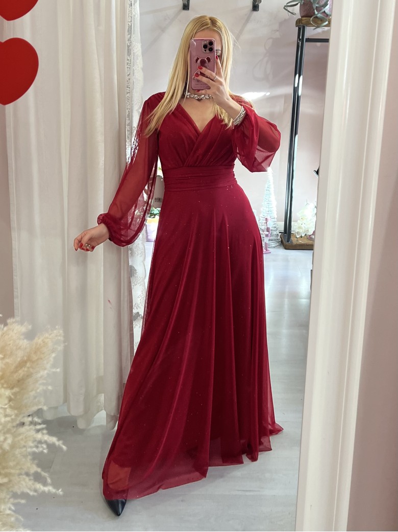Vestito lungo in chiffon luccicante BORDEAUX