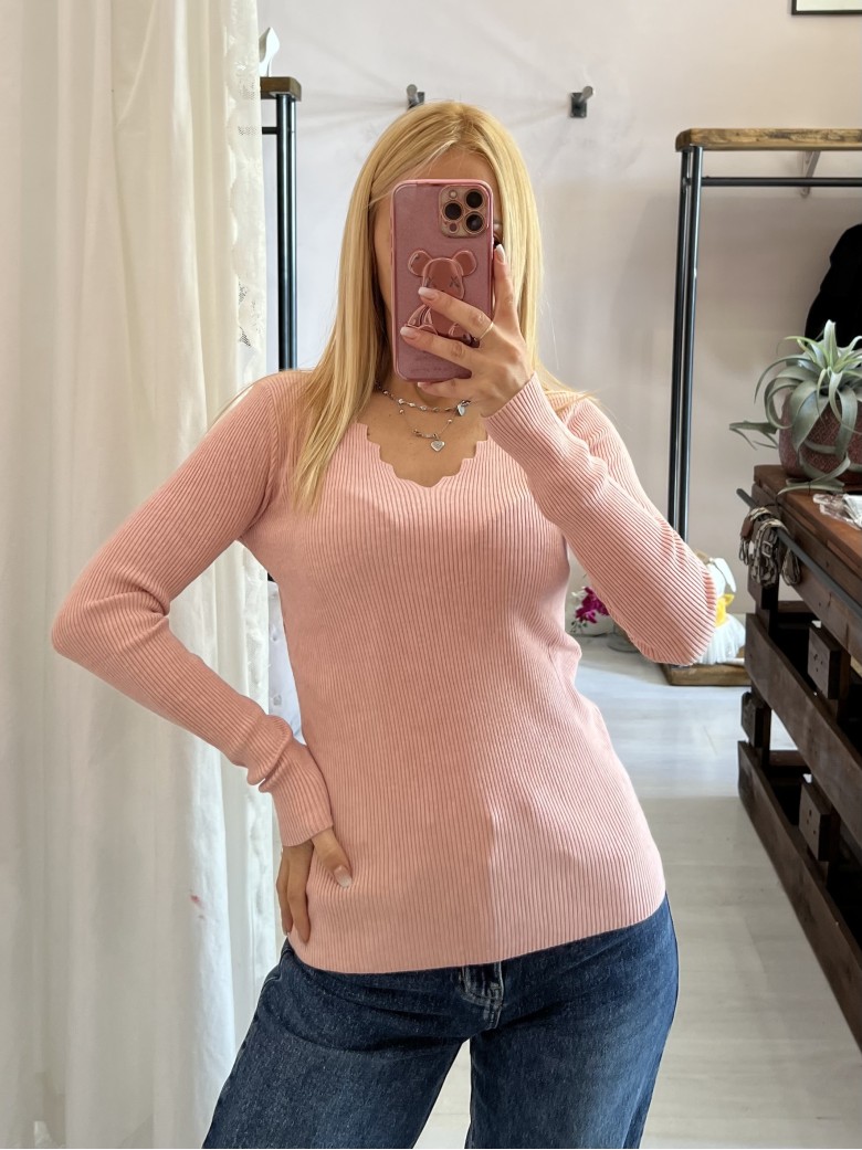 Maglioncino scollo a V ondulato viscosa rosa