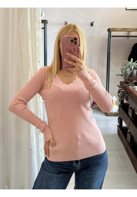 Maglioncino scollo a V ondulato viscosa rosa