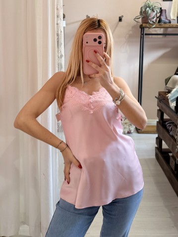 Canotta in raso con pizzo rosa