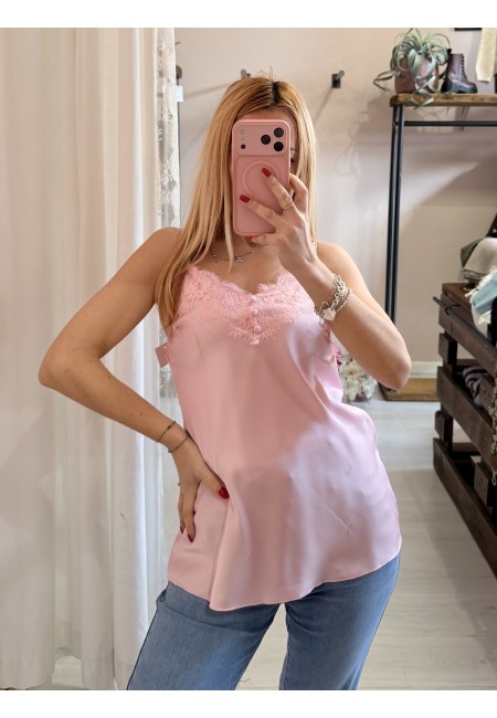 Canotta in raso con pizzo rosa