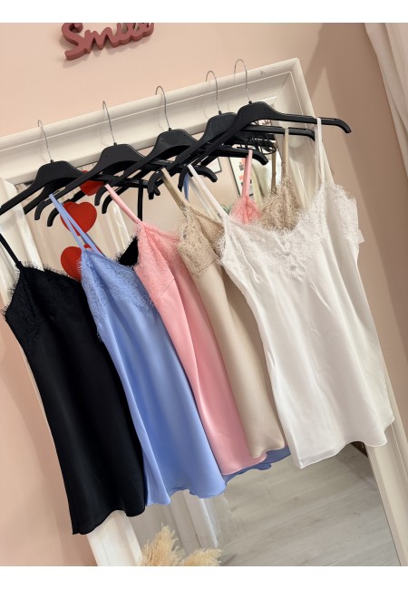 Canotta in raso con pizzo rosa