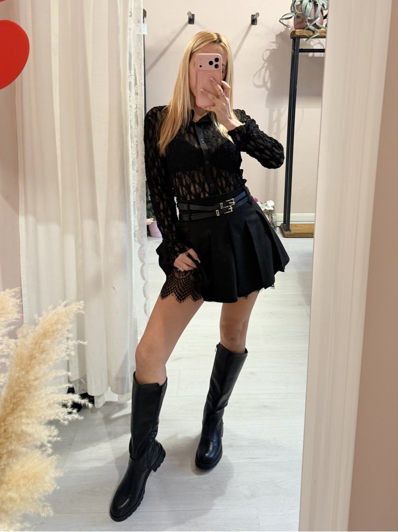 Gonna a pieghe con bordo in pizzo nera