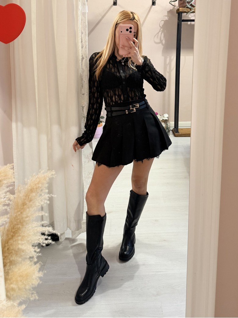 Gonna a pieghe con bordo in pizzo nera