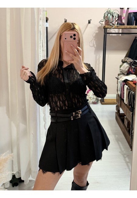 Gonna a pieghe con bordo in pizzo nera