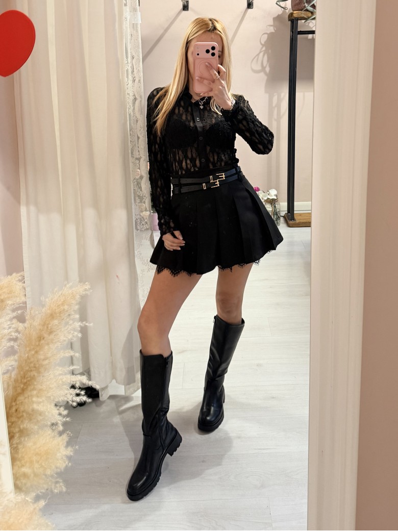 Gonna a pieghe con bordo in pizzo nera