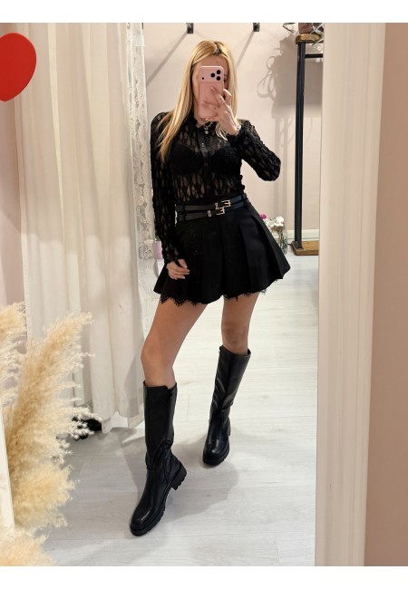 Gonna a pieghe con bordo in pizzo nera