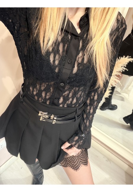 Gonna a pieghe con bordo in pizzo nera