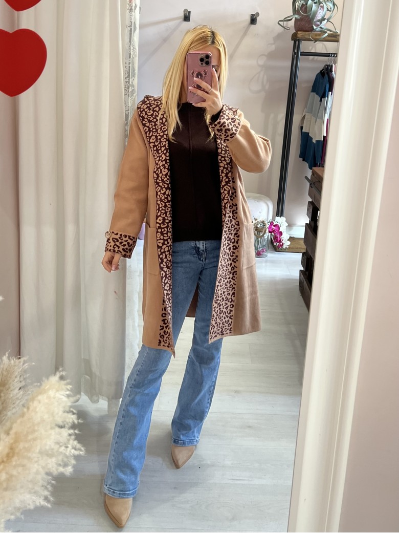 Cardigan lungo camel sunny leopard