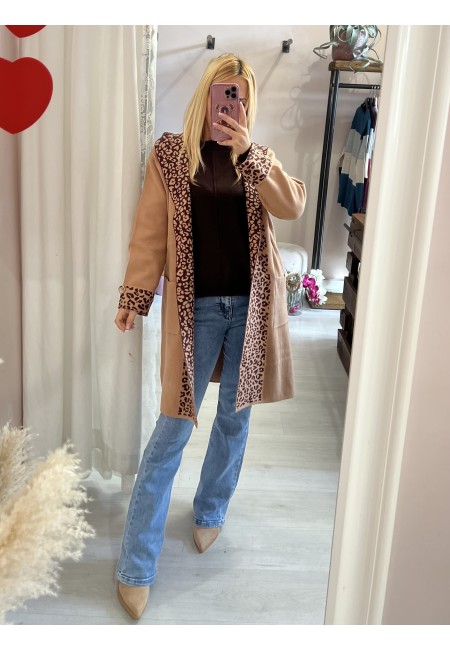 Cardigan lungo camel sunny leopard
