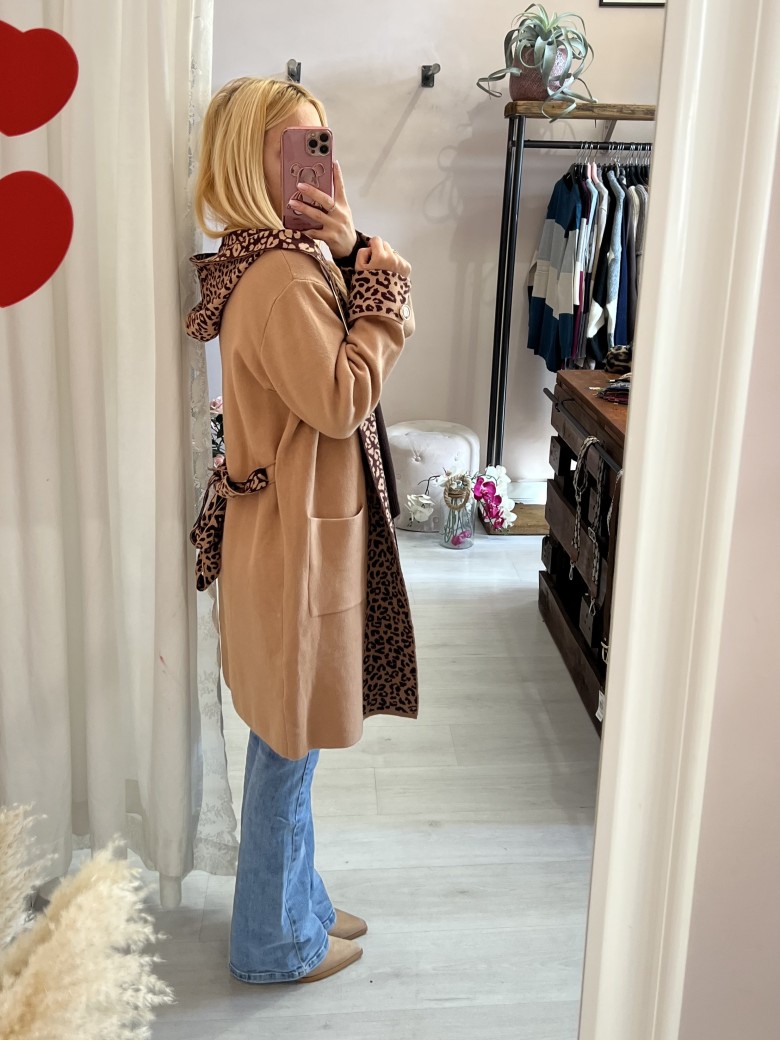 Cardigan lungo camel sunny leopard