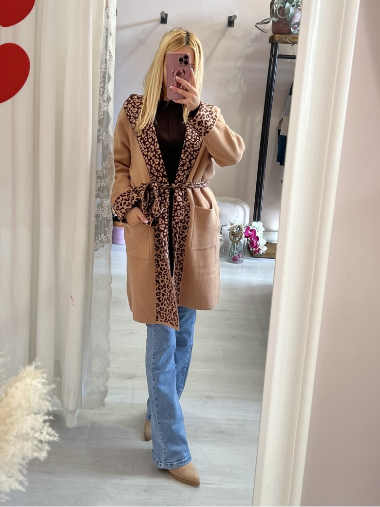 Cardigan lungo camel sunny leopard