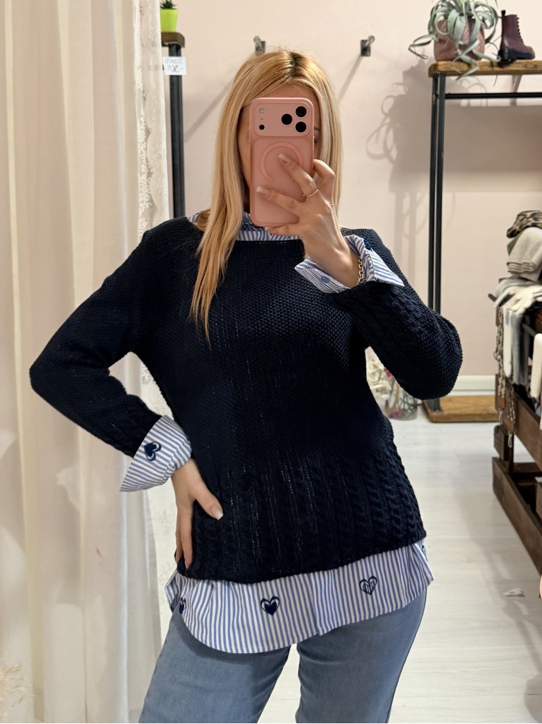 Camicia a righe azzurre con CUORICINI