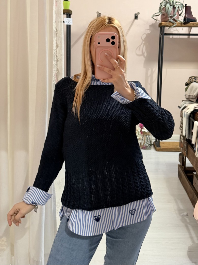 Camicia a righe azzurre con CUORICINI