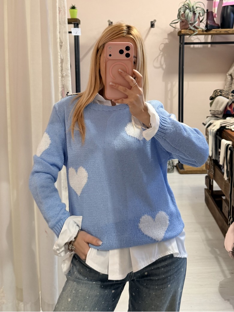 Maglioncino morbido CUORI celeste