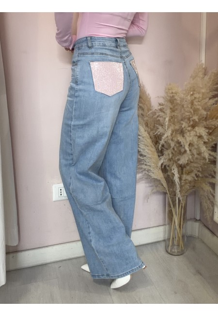 Jeans larghi con tasche dietro in STRASS ROSA