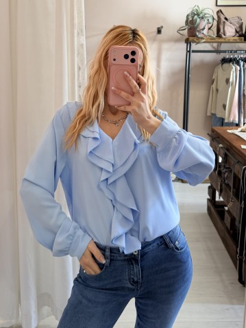 Camicia scollo con ruches azzurra