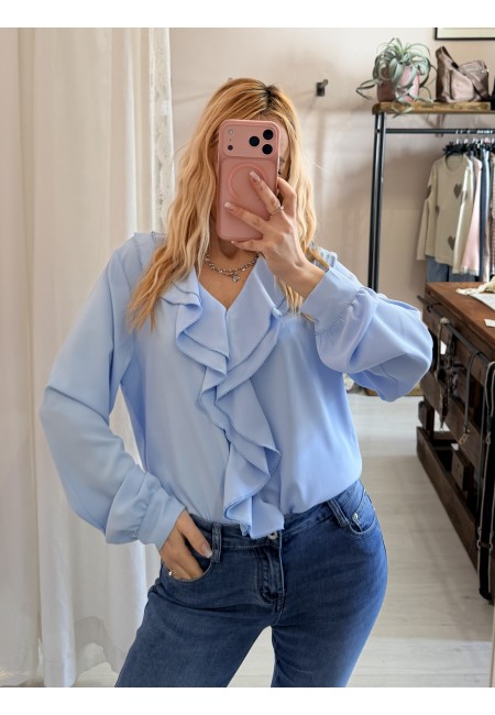 Camicia scollo con ruches azzurra