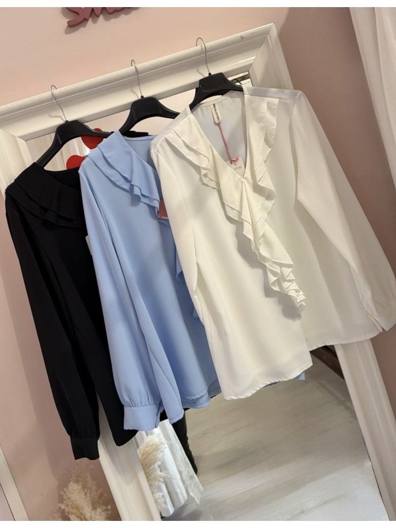 Camicia scollo con ruches azzurra