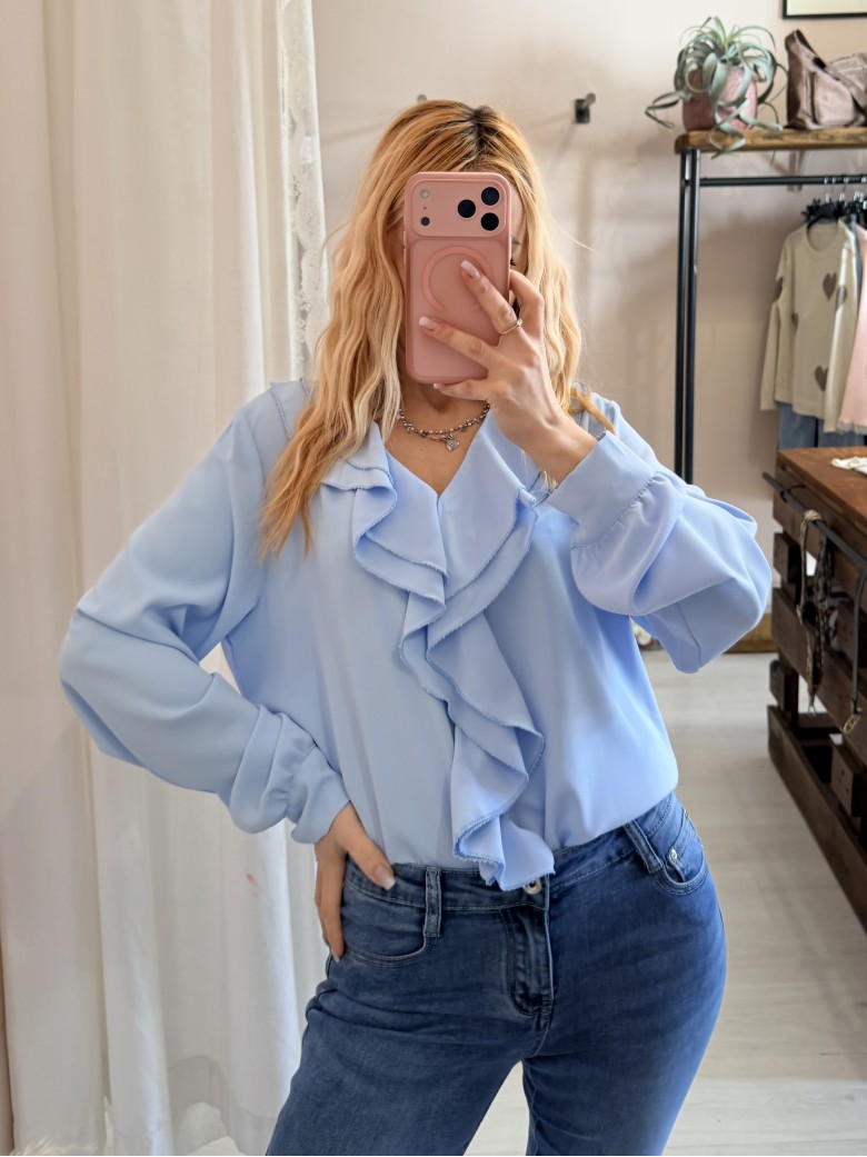 Camicia scollo con ruches azzurra