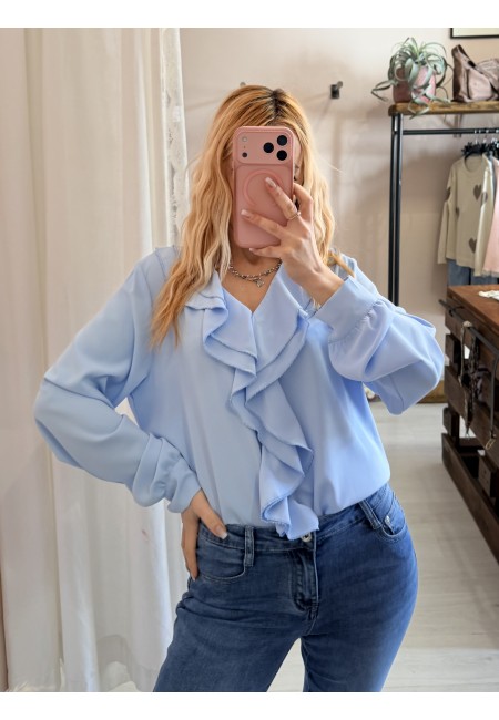 Camicia scollo con ruches azzurra