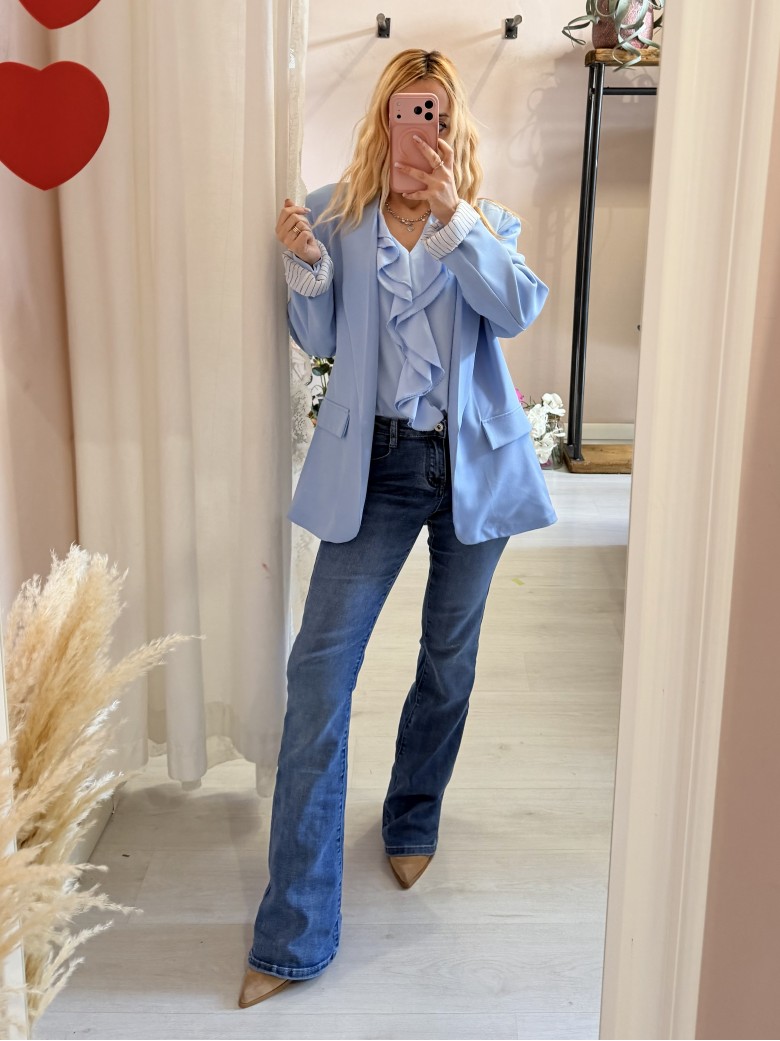 Camicia scollo con ruches azzurra