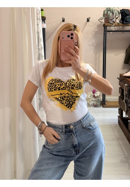 Maglia t shirt cuore leopardato love giallo