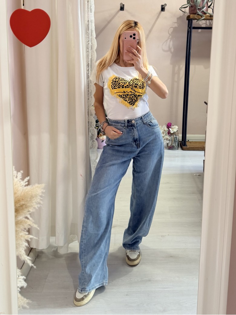 Maglia t shirt cuore leopardato love giallo
