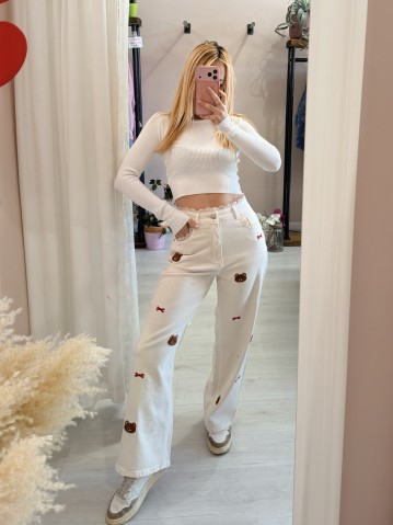 Jeans con pizzo e orsetti color burro 2