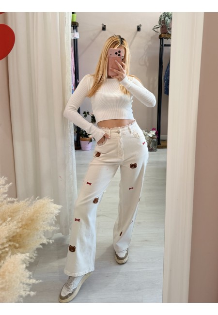 Jeans con pizzo e orsetti color burro