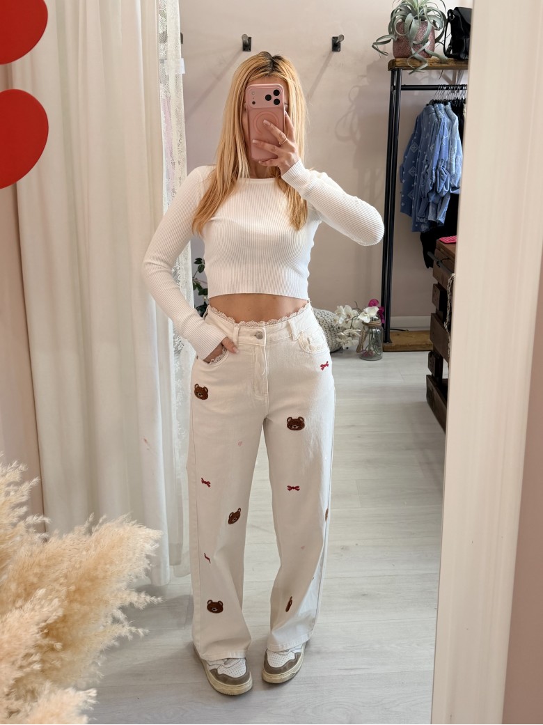 Jeans con pizzo e orsetti color burro