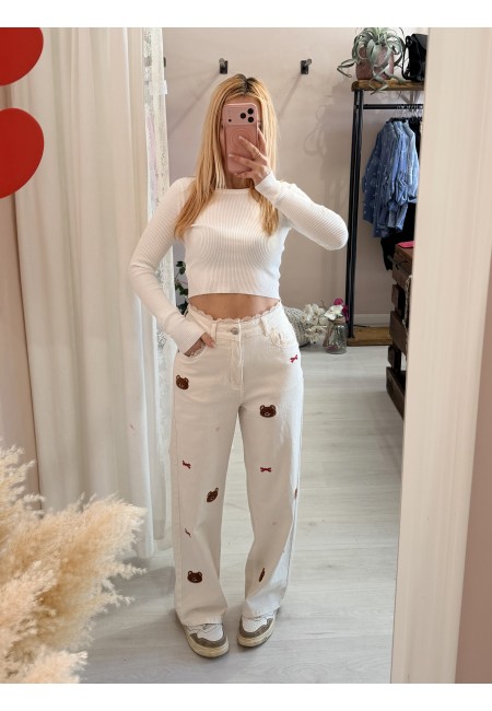 Jeans con pizzo e orsetti color burro