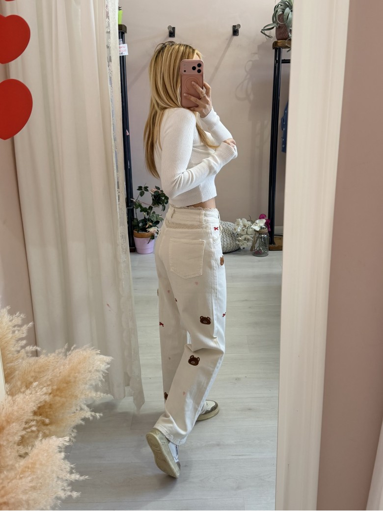 Jeans con pizzo e orsetti color burro