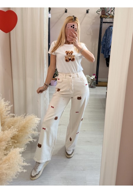 Jeans con pizzo e orsetti color burro