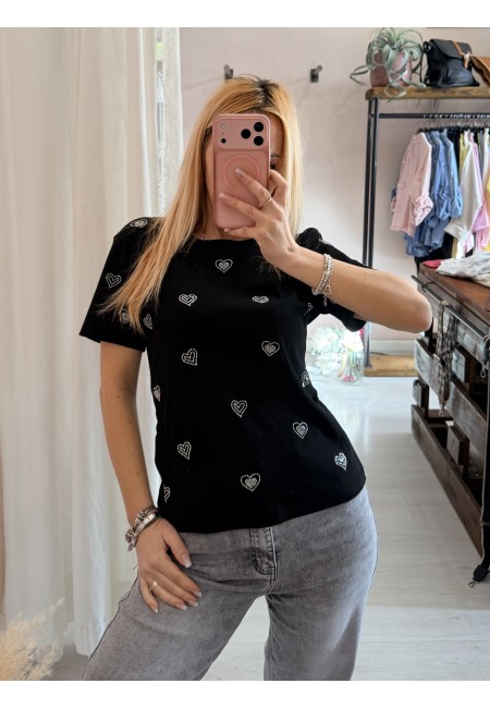 Maglia t shirt cuori strass nera