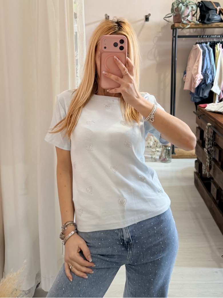 Maglia t shirt cuori strass celeste