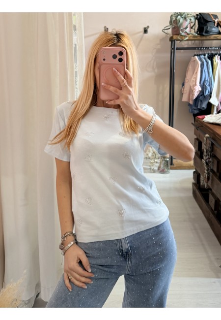 Maglia t shirt cuori strass celeste
