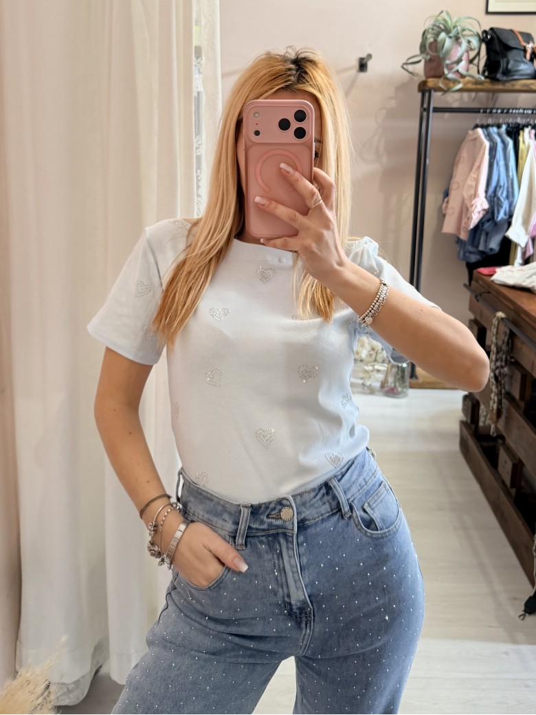 Maglia t shirt cuori strass celeste