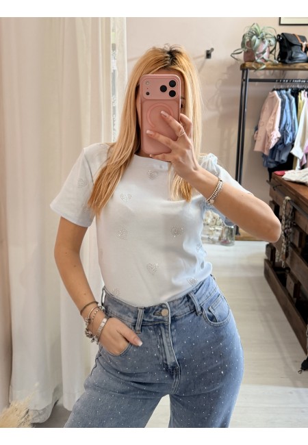 Maglia t shirt cuori strass celeste